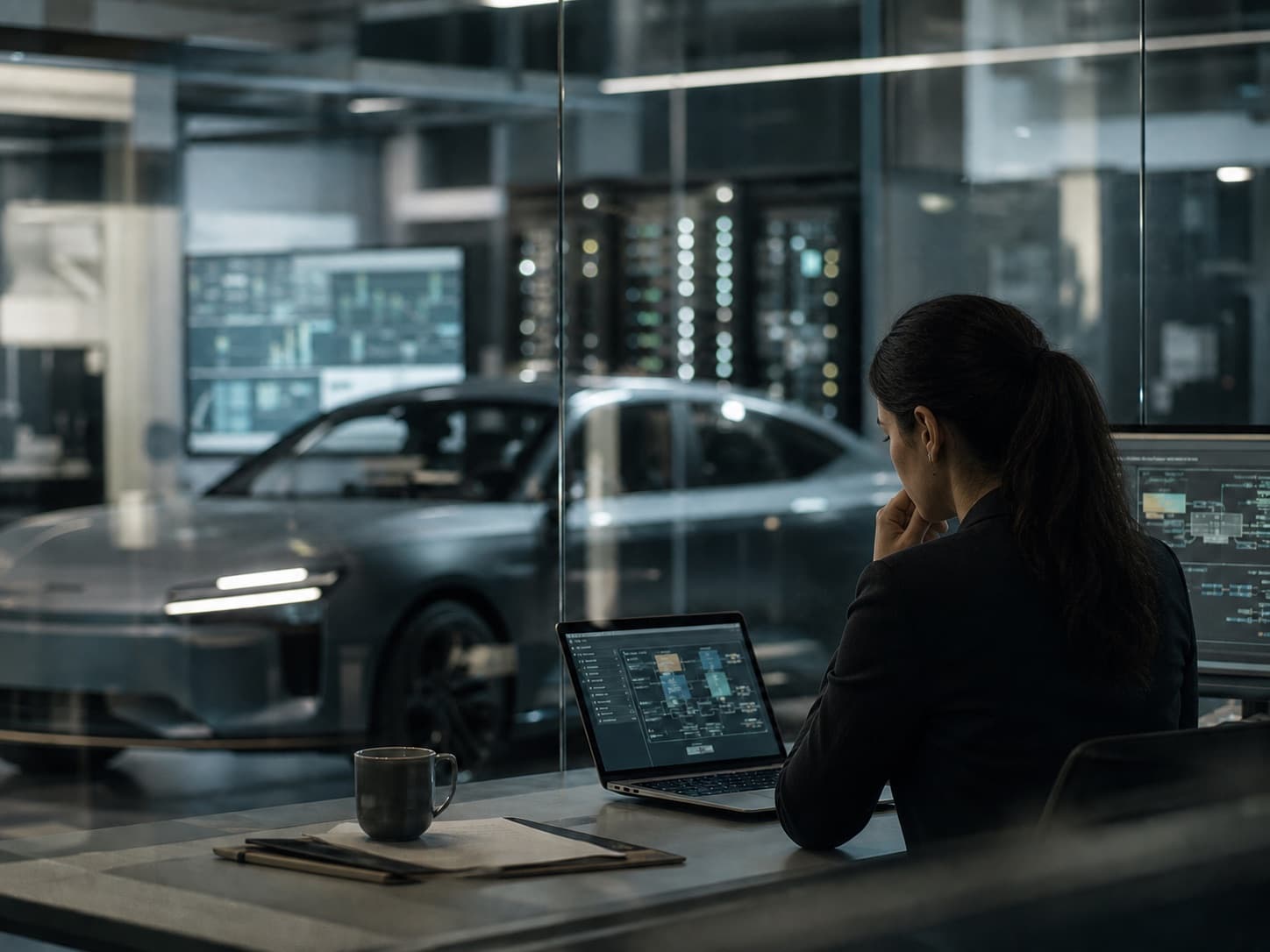 Entwicklerin arbeitet an Fahrzeugsoftware, im Hintergrund ein Fahrzeug im Entwicklungslabor